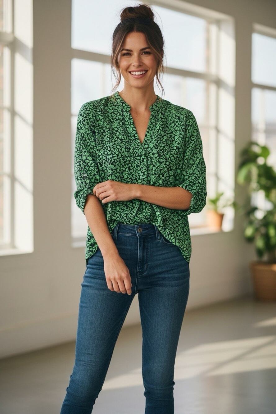 J. Jill Women's Green Black Floral V-Neck 3/4 Sleeve Woven Blouse Size S Basic